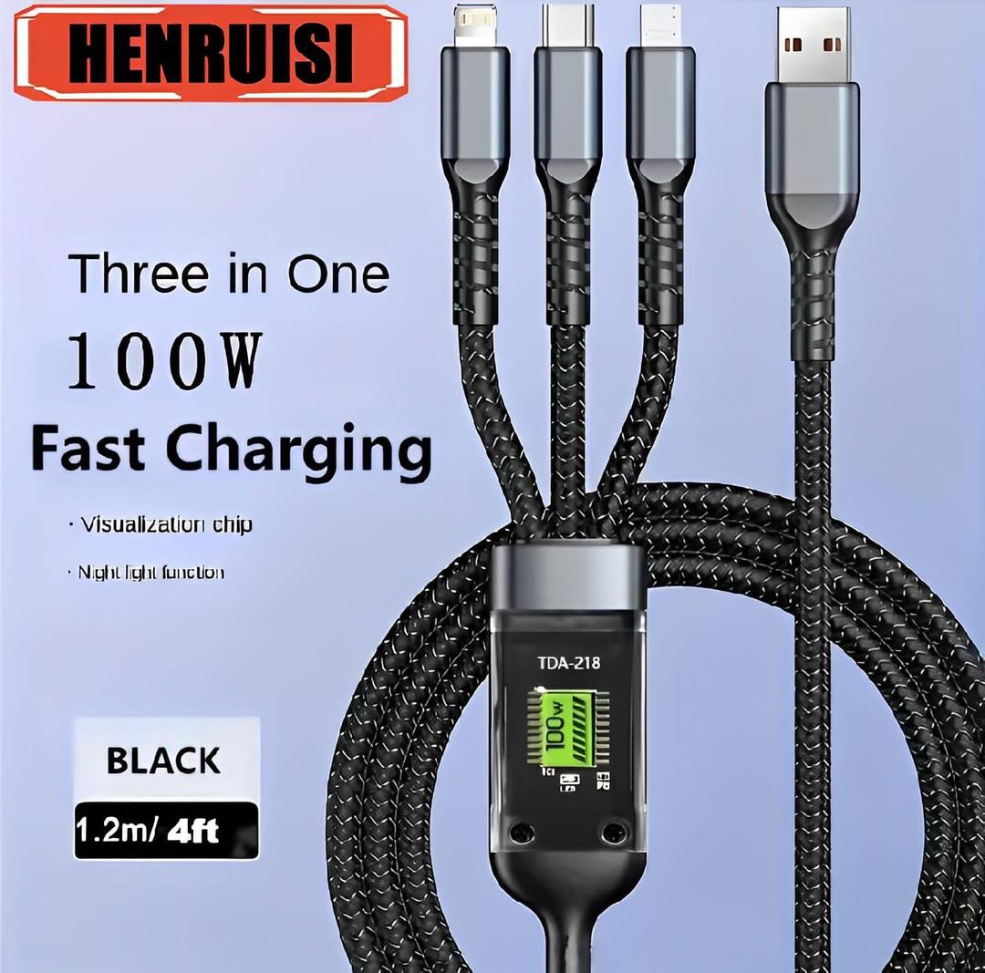 100W Fast Charging Cable Black Nylon 3-in-1