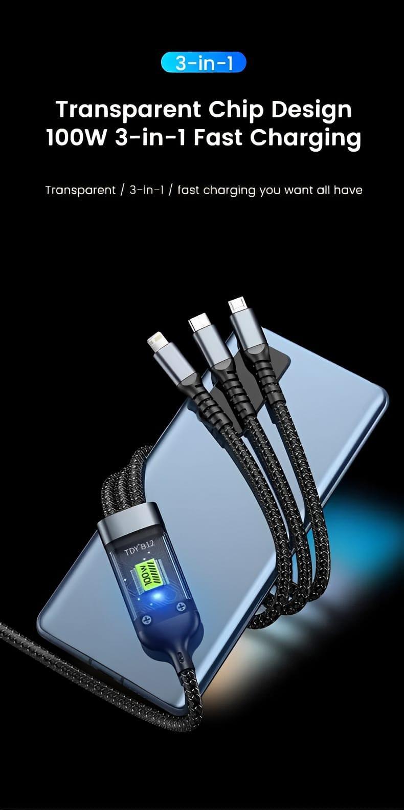 100W Fast Charging Cable Black Nylon 3-in-1