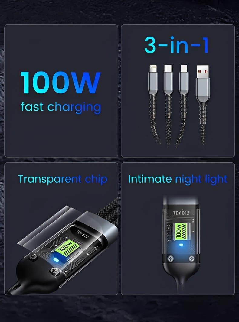 100W Fast Charging Cable Black Nylon 3-in-1