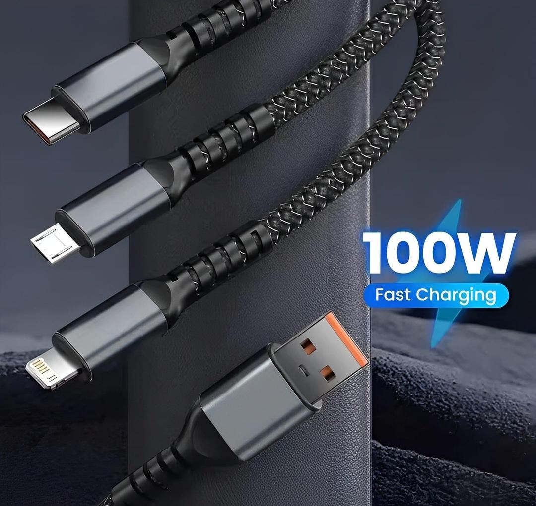 100W Fast Charging Cable Black Nylon 3-in-1