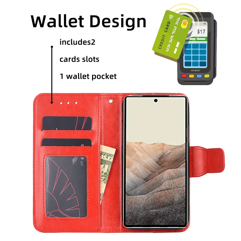 Red Leather Wallet Phone Case for Pixel 3XL with Stand
