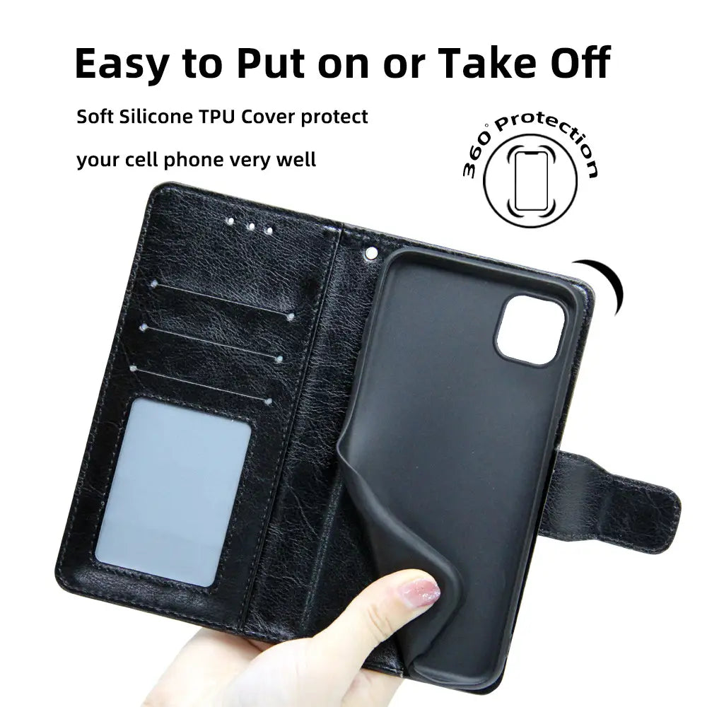Premium Black Leather Flip Case for iPhone 17 Pro, 16 Pro Max, 14, 13