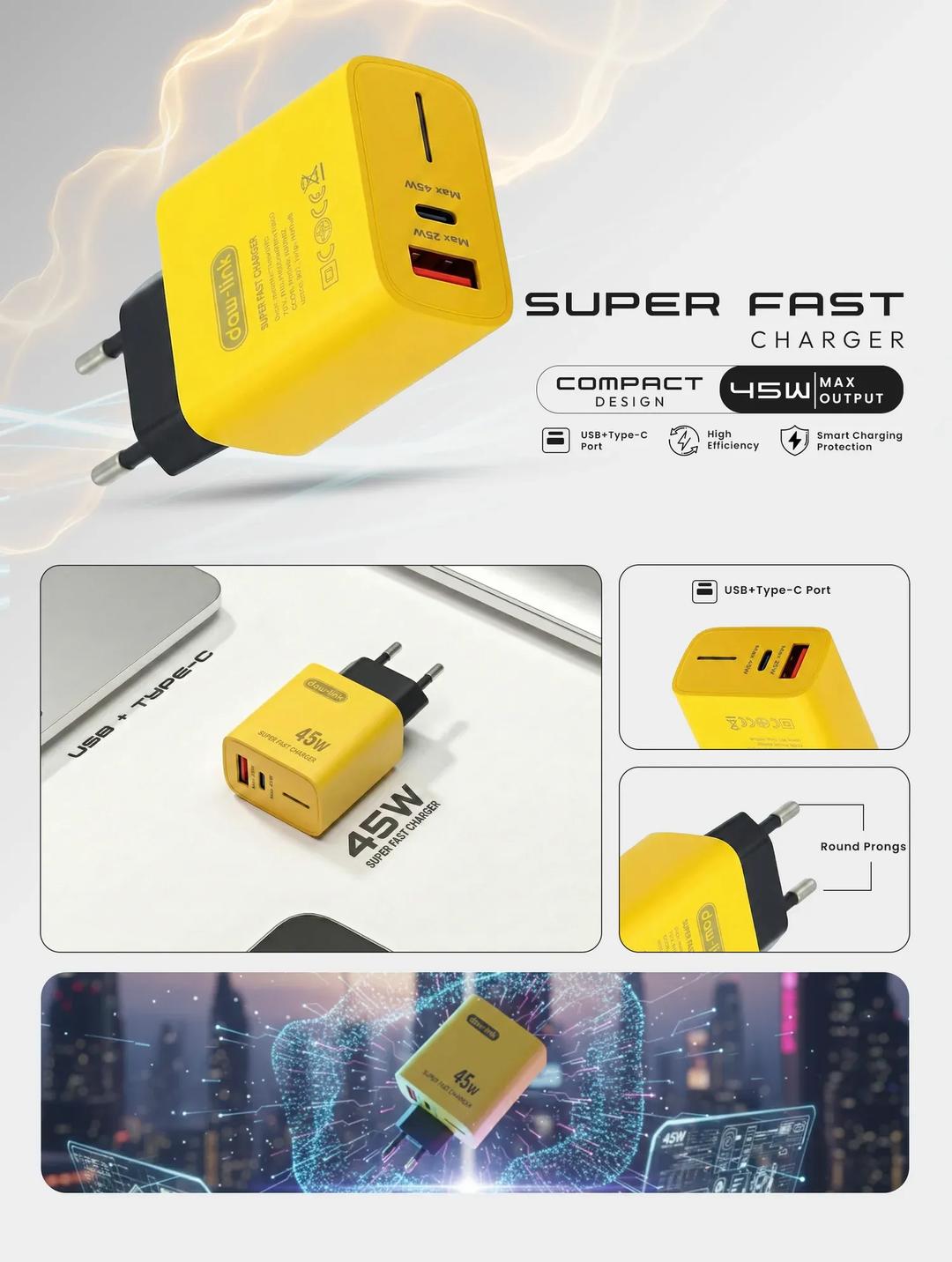USB-C Fast Charging Adapter Yellow 3A