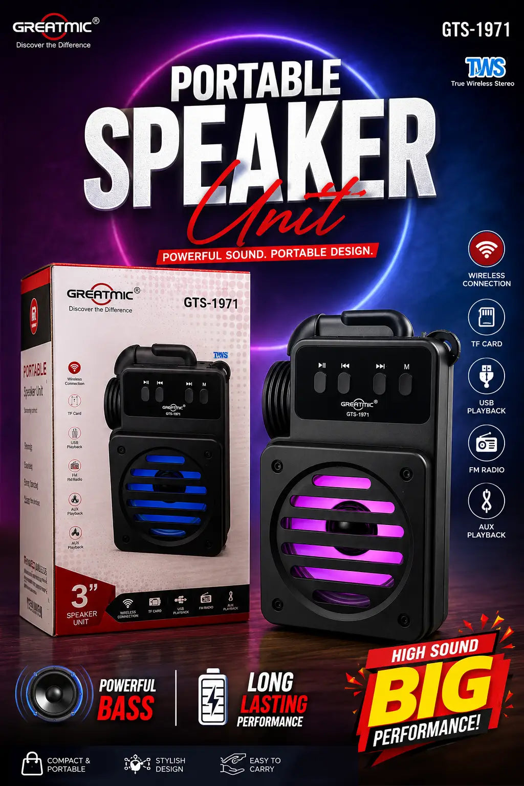 Greatmic GTS-1971 Portable Wireless Bluetooth Speaker | TWS, USB, TF Card, FM Radio