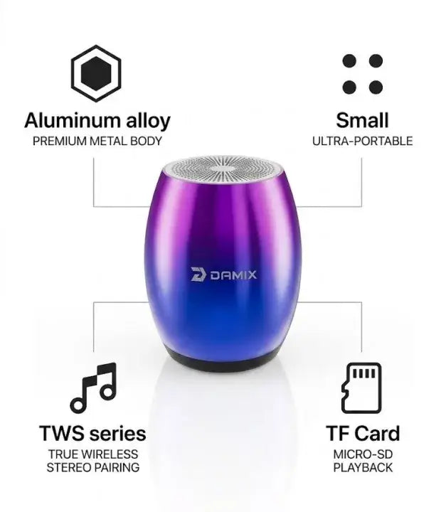 Damix Dm-001 Portable Mini Bluetooth 5.3 Speaker | TWS Aluminum Alloy Wireless Audio | TF Card & Type-C Supported