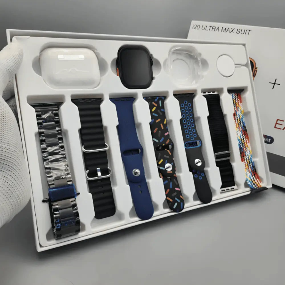 i20 Ultra Max Suit Smartwatch Combo Set  10 in 1– 2.3 Infinite Display Smart Watch, Wireless Earbuds, Protective Case & 7 Interchangeable Straps