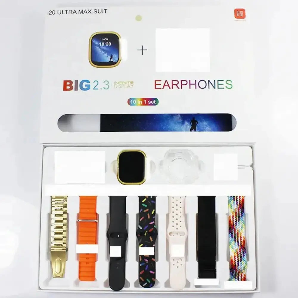 i20 Ultra Max Suit Smartwatch Combo Set  10 in 1– 2.3 Infinite Display Smart Watch, Wireless Earbuds, Protective Case & 7 Interchangeable Straps